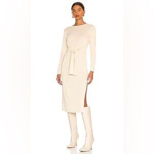 BB DAKOTA STEVE MADDEN Tie Front Midi Dress Soft Ribbed Knit Slit Natural Small